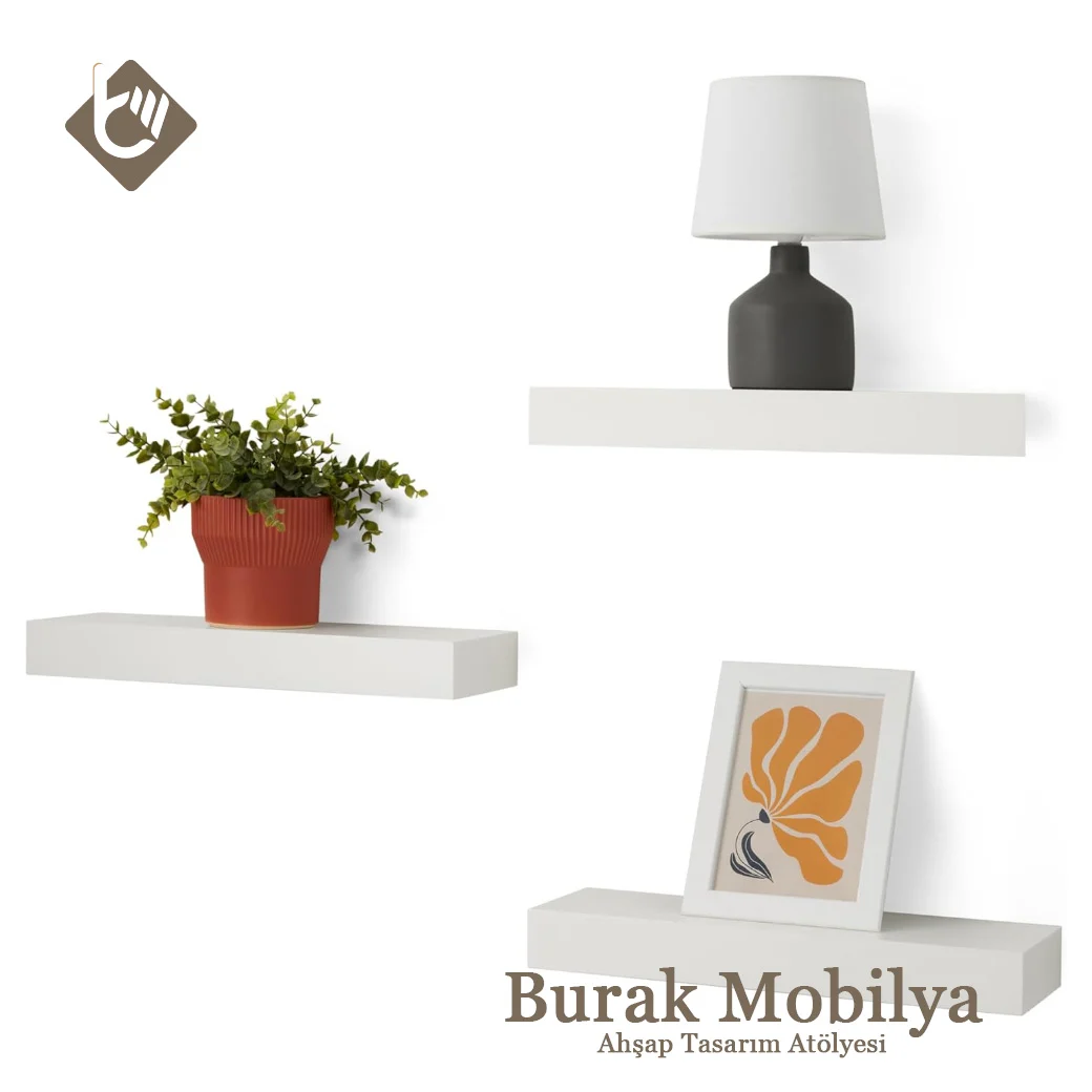 Mat Beyaz Yüzen Dekoratif Duvar Rafı 3’lü 40cmx13cmx5cm görsel 2